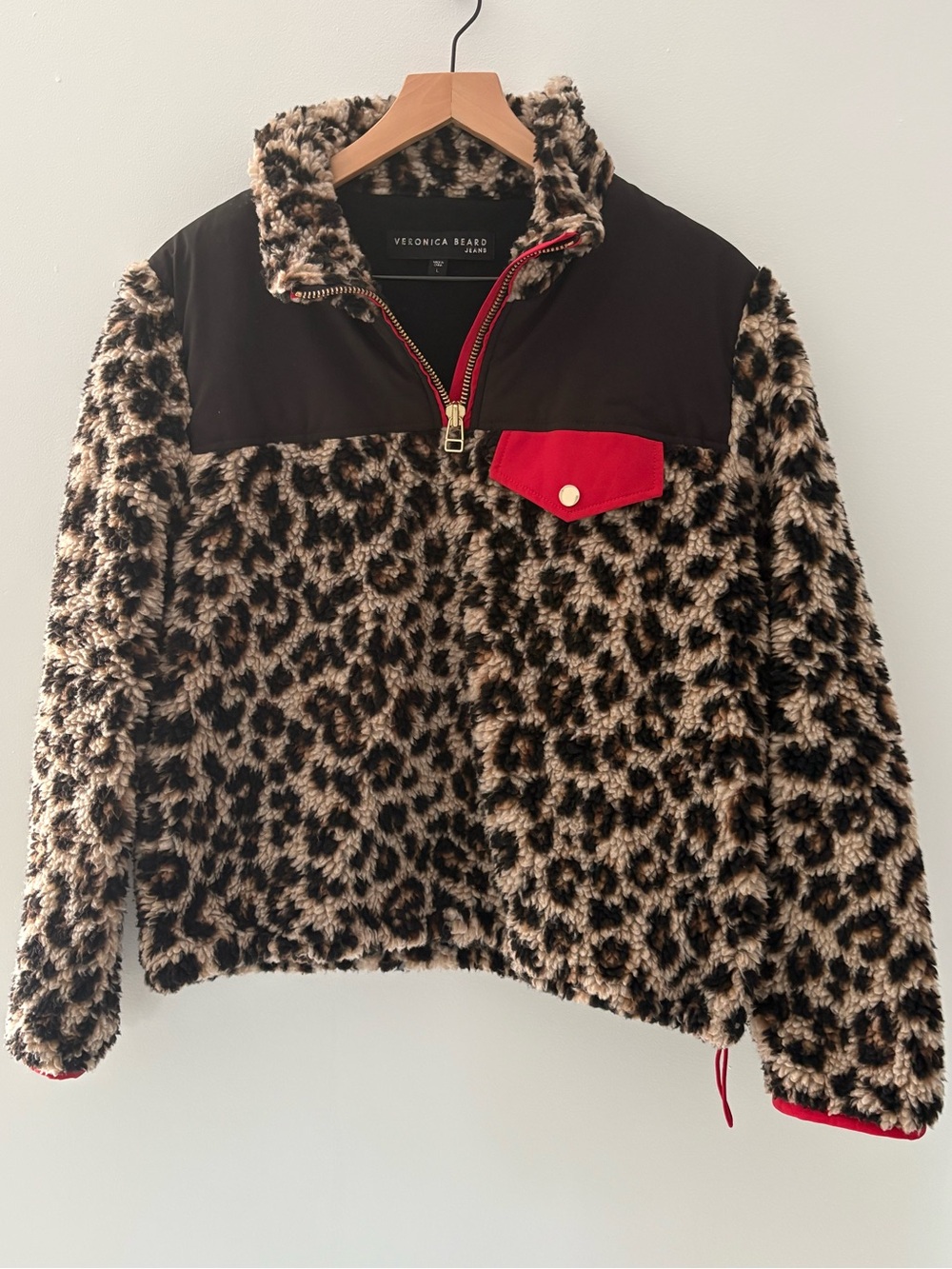 Veronica Beard Kylan Sherpa Pullover – Leopard / Red
